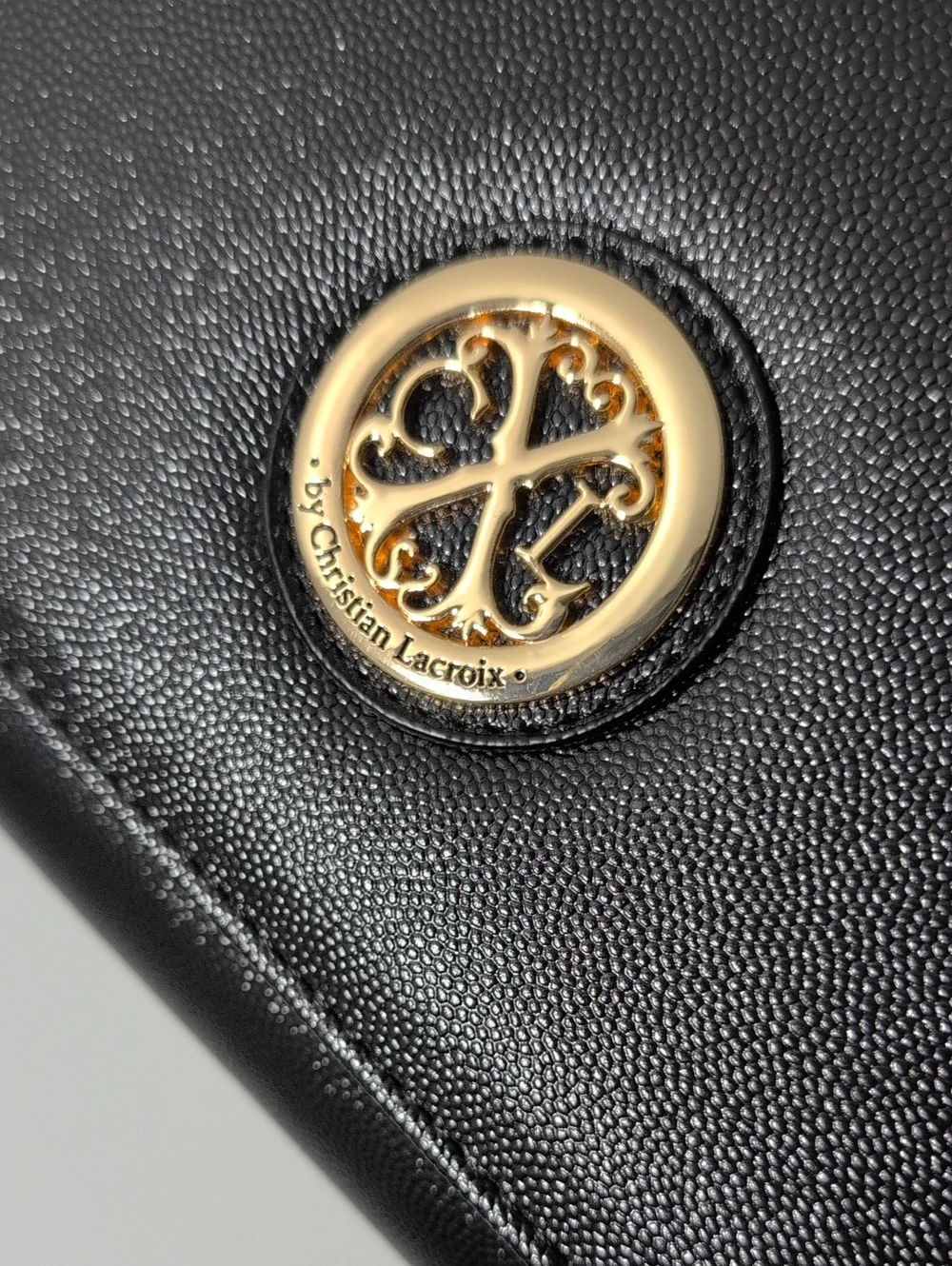 Christian Lacroix Black Pebbled Leather Wallet with Gold Medallion